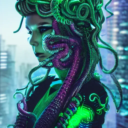 Image similar to Cyberpunk medusa, neon, intricate, ornate, photorealistic, ultra detailed, realistic, 35mm, photography, octane, high definition, depth of field, bokeh, 8k, artstation