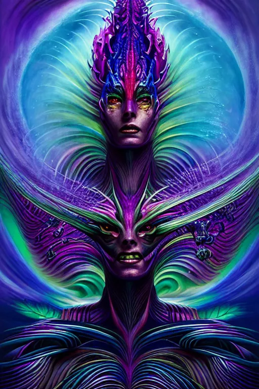 Image similar to depicting a wrathful technological nightmare monster god, in the style of lisa frank, exuberant organic elegant forms, by karol bak and filip hodas : : 1. 4 purple, red, blue, green, black intricate : : intuit art : : turbulent water backdrop : : damask wallpaper : : atmospheric