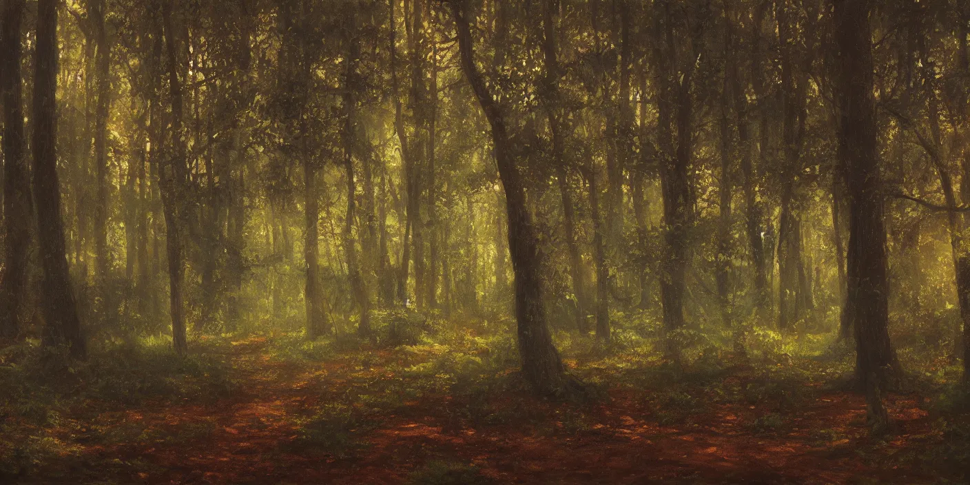 Image similar to The woods, cinematic lighting, detailed oil painting, hyperrealistic, 8k