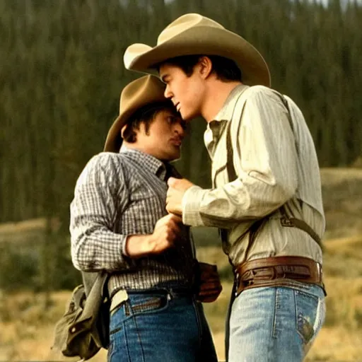 Image similar to a romantic scene from brokeback mountain starring josh hartnett as ennis del mar