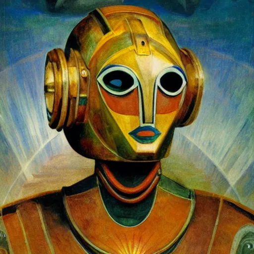 Prompt: the last guest in her Art Deco robot mask, by Annie Swynnerton and Diego Rivera, symbolist, dramatic lighting, elaborate geometric ornament, god rays, soft cool colors,smooth, sharp focus, extremely detailed