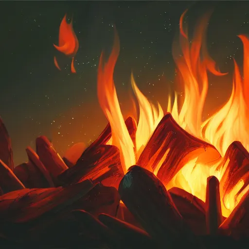 Image similar to full close up of campfire in the night with warm nuance, stylized, artgerm, artstation, hd, cgsociety, cgi, realistic, dramatic, cinematic, artistic, trending, detailed