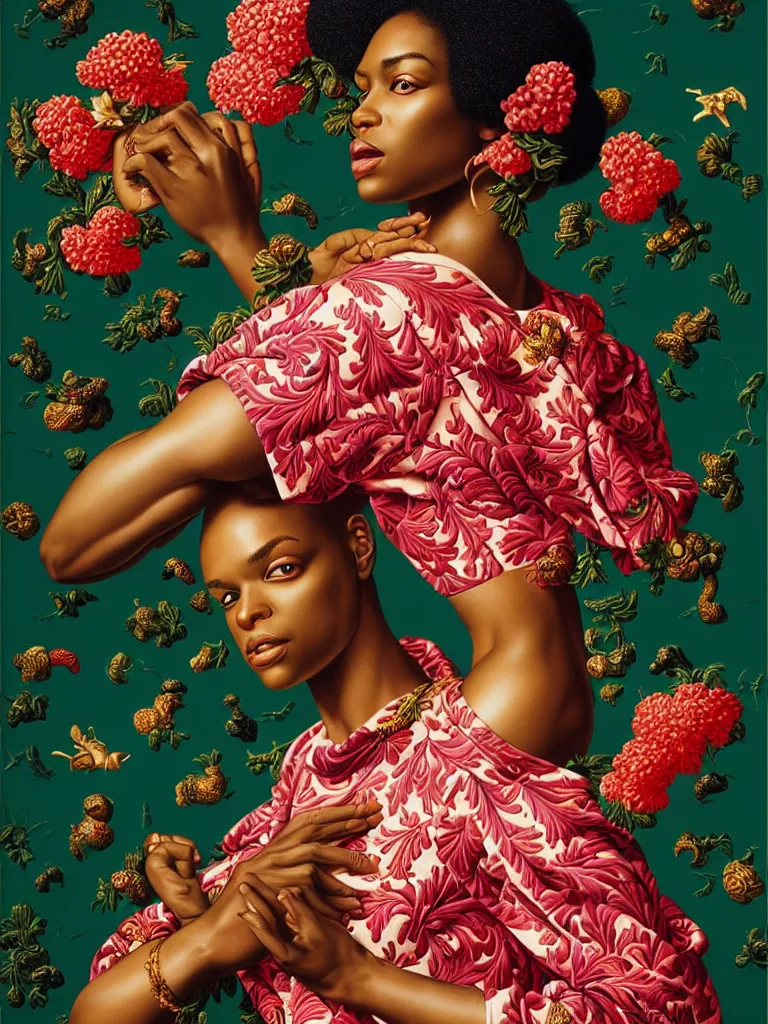 Prompt: fragrance advertising campaign by kehinde wiley, highly detailed, intricate, saturated colors