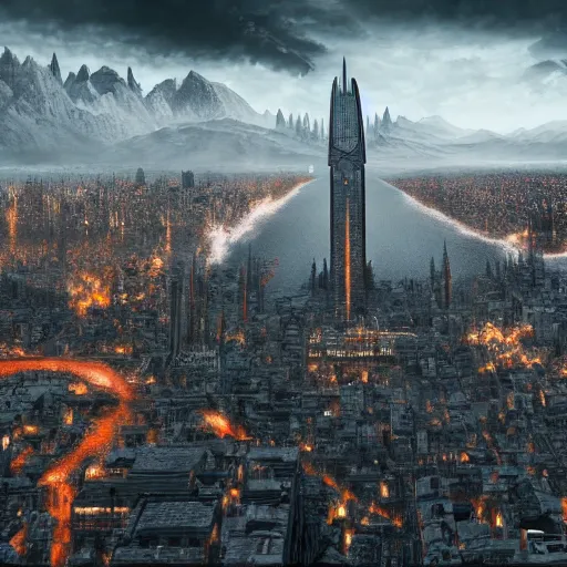 Prompt: mordor as a bustling city, highly detailed, sharp focus, skyline, vast, 4 k, fantasy