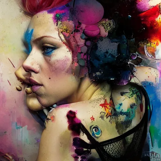 Image similar to drunken scarlett johansson as delirium from sandman, ( hallucinating colorful soap bubbles ), by jeremy mann, by sandra chevrier, by dave mckean and richard avedon and maciej kuciara, punk rock, tank girl, high detailed, 8 k