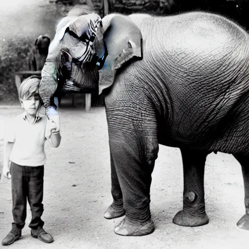 Image similar to extremely detailed black and white photo by john l. gaunt of a small boy standing next to an elephant. extreme focus of the face.