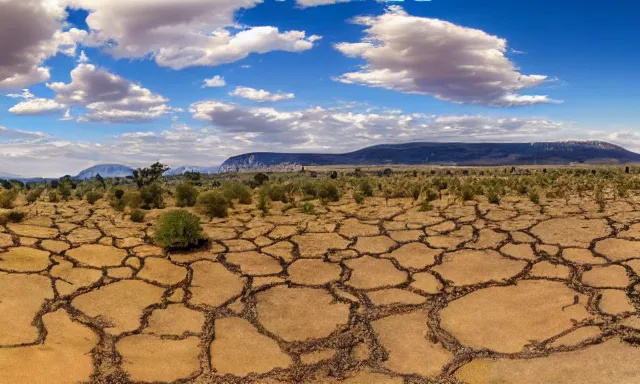 Image similar to beautiful panorama of a perfect cloudless blue sky full of many magnificent big upside-down raindrops above a dried up river, desolate land, dead trees, blue sky, hot and sunny highly-detailed, elegant, dramatic lighting, artstation, 4k, cinematic landscape, masterpiece photograph by Elisabeth Gadd, National Geographic