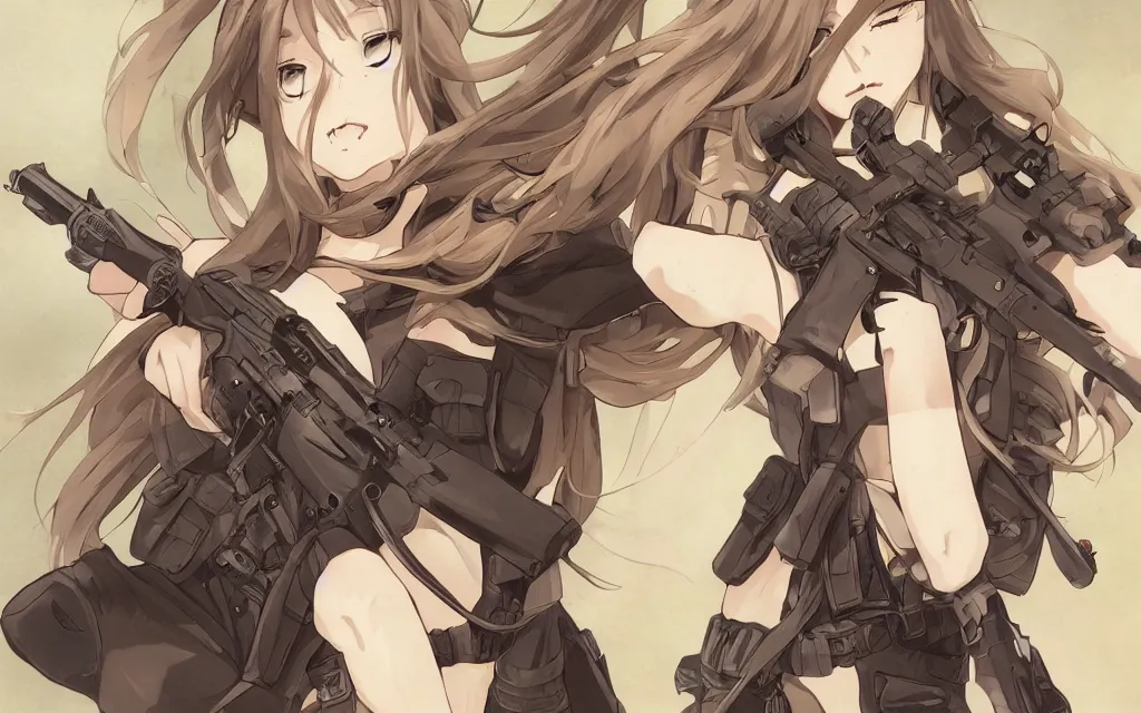 Image similar to infantry girl, anime style, long hair, hair down, symmetrical facial features, explosions, from girls frontline, combat clothes, filming camera, hyper realistic, pale skin, 4 k, rule of thirds, extreme detail, detailed drawing, trending artstation, hd, fantasy, d & d, realistic lighting, by alphonse mucha, greg rutkowski, sharp focus, backlit