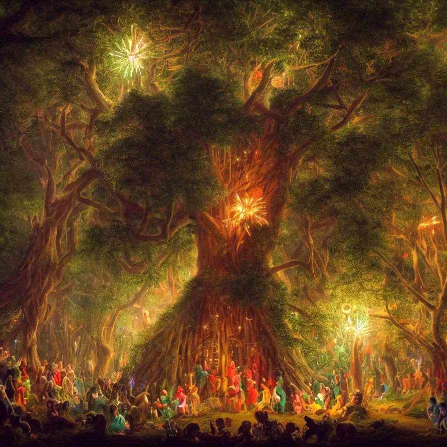 Image similar to closeup of a night carnival inside a tree cavity in a magical forest in the middle of a summer storm, with a music scenario with many fireworks and christmas lights, volumetric lightning, instense god rays in the sky, folklore people disguised with fantastic creatures in a magical forest by summer night, masterpiece painted by edmund leighton, scene by dark night environment, refraction lights,