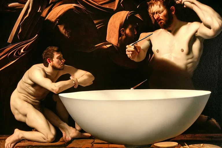 Prompt: hyperrealism aesthetic ridley scott and caravaggio style photography of detailed giant peeing in detailed ultra huge toilet bowl in surreal scene from detailed art house movie in style of denis villeneuve and wes anderson