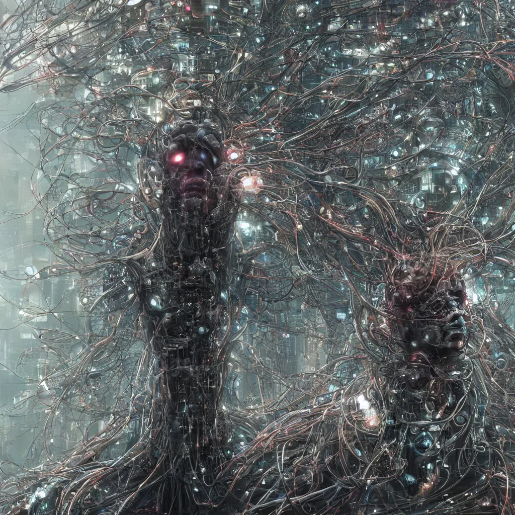 Prompt: hyperrealistic, photo of a giant highly detailed cyber adorned robot head, shrouded in a huge intricate synaptic network with bundled cable wiring tubes and neuronal tentacle connections sprawling and swirling everywhere, cyberpunk, by wayne barlowe, photorealistic, cinematic, still from ghost in the shell 2 0 1 7