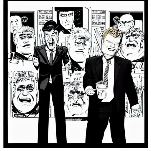 Prompt: jay leno, conan o'brien, david letterman drawn in the style of frank miller's sin city comics, black and white, panels