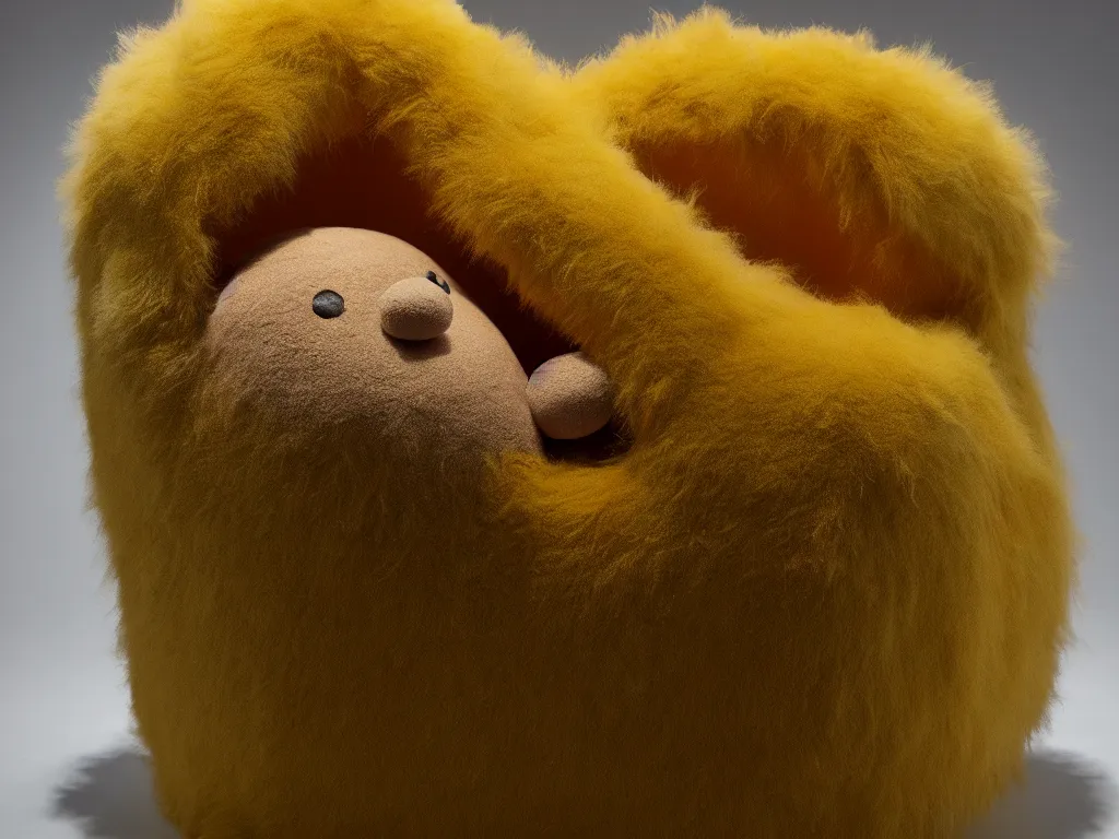 Image similar to a fur covered jelly bean shape, dirty grungy stuffed animal, style of paul mccarthy and mike kelley, yellow - tan color