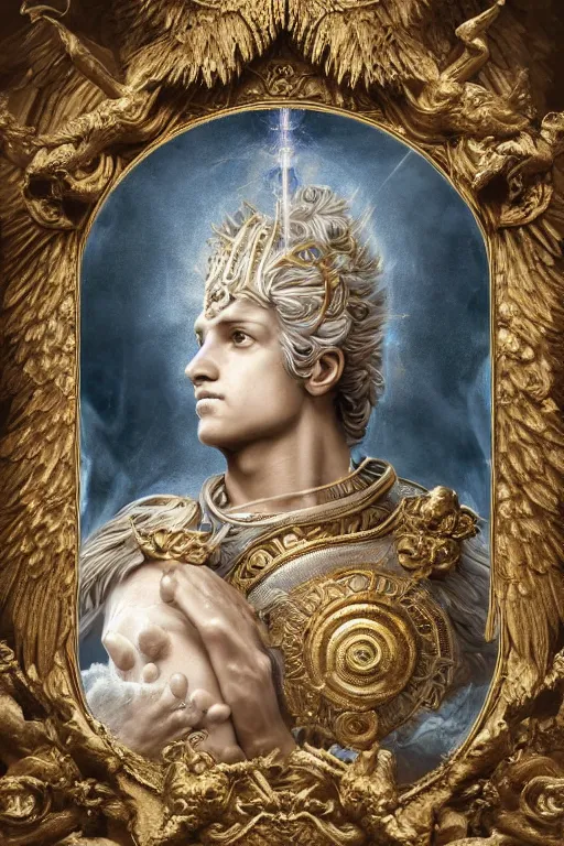 Image similar to a dog as god with a radiant halo, wings, detailed face, gorgeous, flowing hair, very muscular male body, partial anatomy, stormy and grand war scene, delicate and intricate borders for decoration, caesar victorious, proud Emperor, crepuscular ray, intricate, highly detailed, 8K, digital painting, fantasy, concept art, sharp focus, over-shoulder shot, illustration, art by greg rutkowski beeple and alphonse mucha