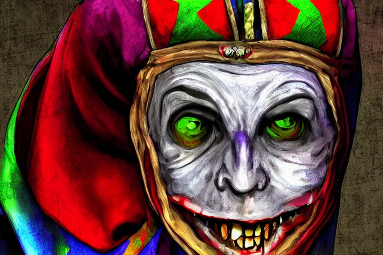 Prompt: medieval jester, colorful, sinister, digital art,