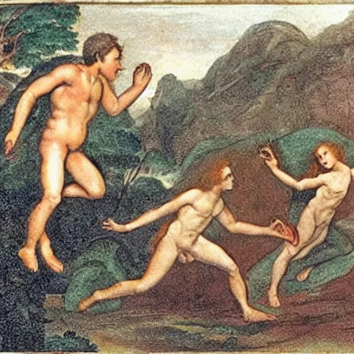 Prompt: news footage of Adam and Eve fleeing Eden, throwing an apple core at the cameraman