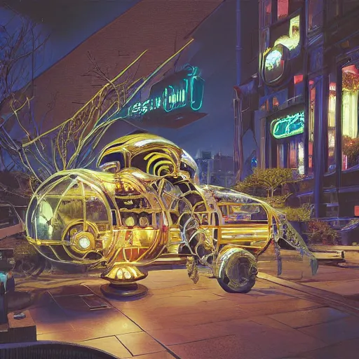 Prompt: painting of syd mead artlilery scifi fish tank with ornate metal work lands on a sidewalk, filigree ornaments, volumetric lights, simon stalenhag