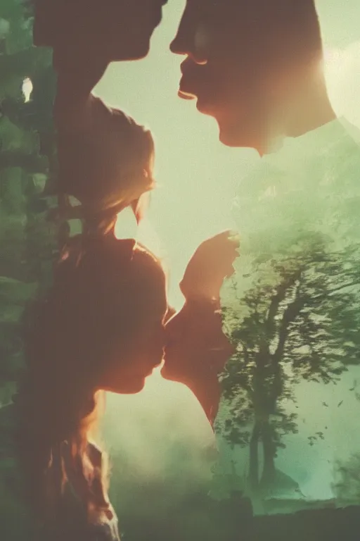 Image similar to film double exposure, a man and a woman kissing in nature, polaroid photo by oleg oprisco, featured on unsplash, romanticism, movie still, uhd image, matte photo, multiple exposure photograph
