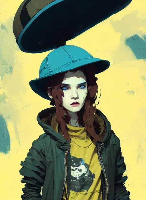 Image similar to highly detailed portrait of a sewer punk lady student, blue eyes, leather hoody, hat, wavy hair by atey ghailan, by greg rutkowski, by greg, tocchini, by james gilleard, by joe fenton, by kaethe butcher, gradient yellow, black, brown and cyan color scheme, grunge aesthetic!!! ( ( graffiti tag street background ) )