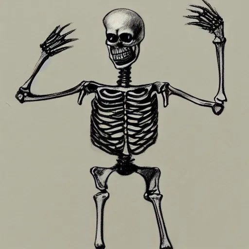 Image similar to pencil sketch of a skeleton with a cane sprinting, concept art