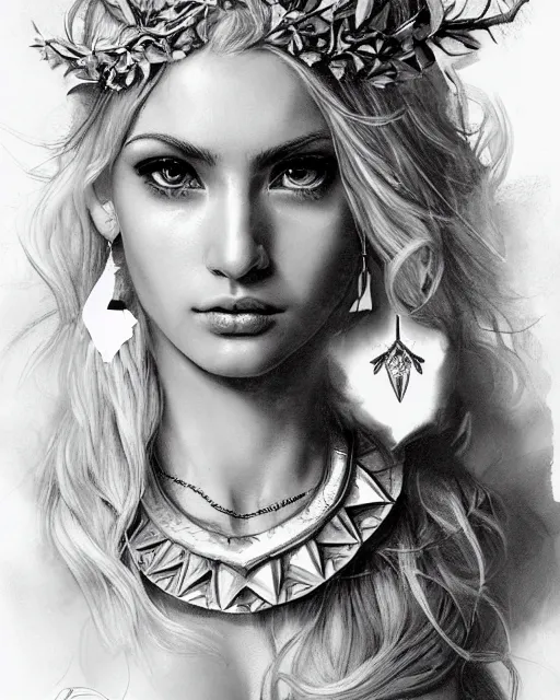 Prompt: beautiful aphrodite greek goddess with a sexy look wearing a laurel wreath and arrowhead earrings, hyper - realistic tattoo sketch, beautiful piercing eyes with sharp pupils, beautiful blonde hair, in the style of greg rutkowski, fantasy, amazing detail, epic, elegant, smooth, sharp focus