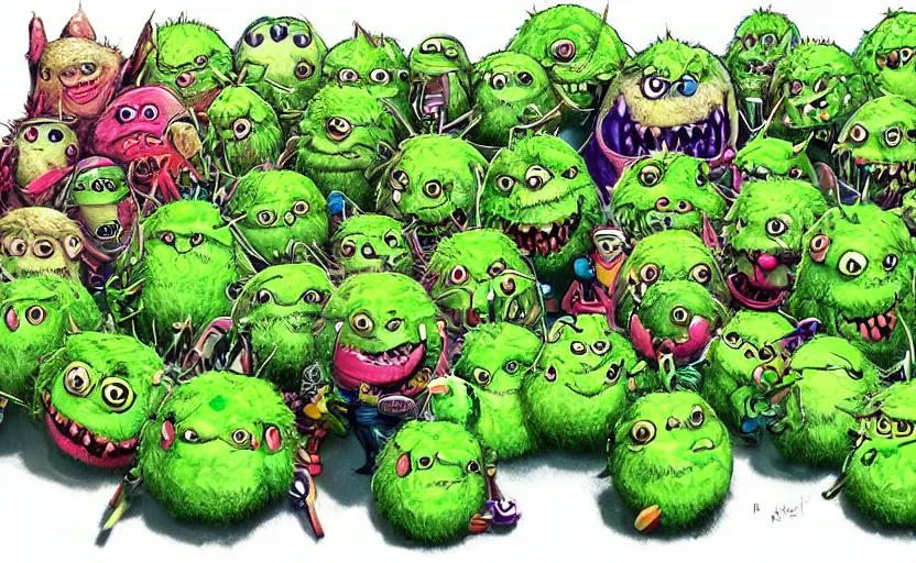 Prompt: an army of different cute green tennis ball monsters, colorful, digital art, fantasy, magic, chalk, trending on artstation, ultra detailed, detailed, fine details, professional illustration by basil gogos