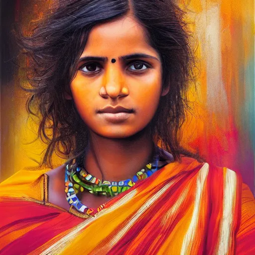 Image similar to stunning, breathtaking, awe - inspiring award - winning concept art portrait painting by steve mccurry of a beautiful young hindu woman with short, wavy hair, wearing a colorful sari