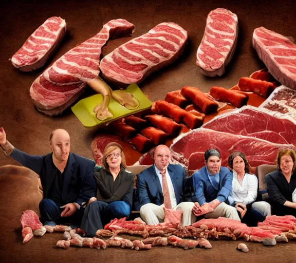 Image similar to realistic photograph of couch made out of meat, business men sitting on couch of meat and talking,