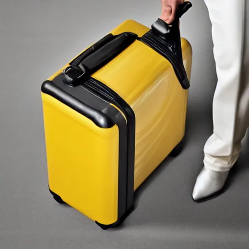 Image similar to yellow coffee mug made of rimowa aluminium suitcase, full of steaming coffee