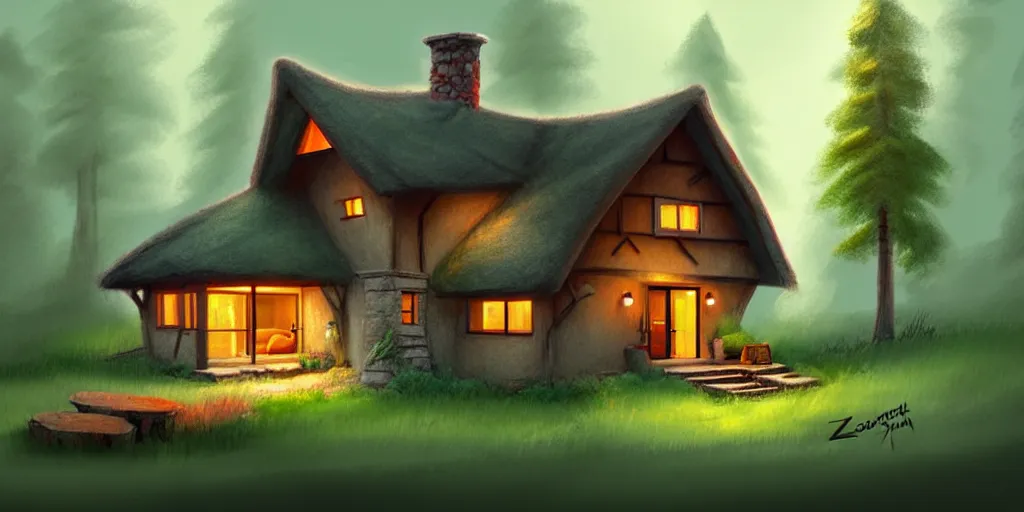 Image similar to a cozy little house in the woods, relaxing, concept art by scott zenteno