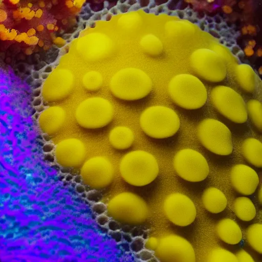 Prompt: 4k shot macro lence of a Spong that looks exactly as Spongebob inside a coral reef