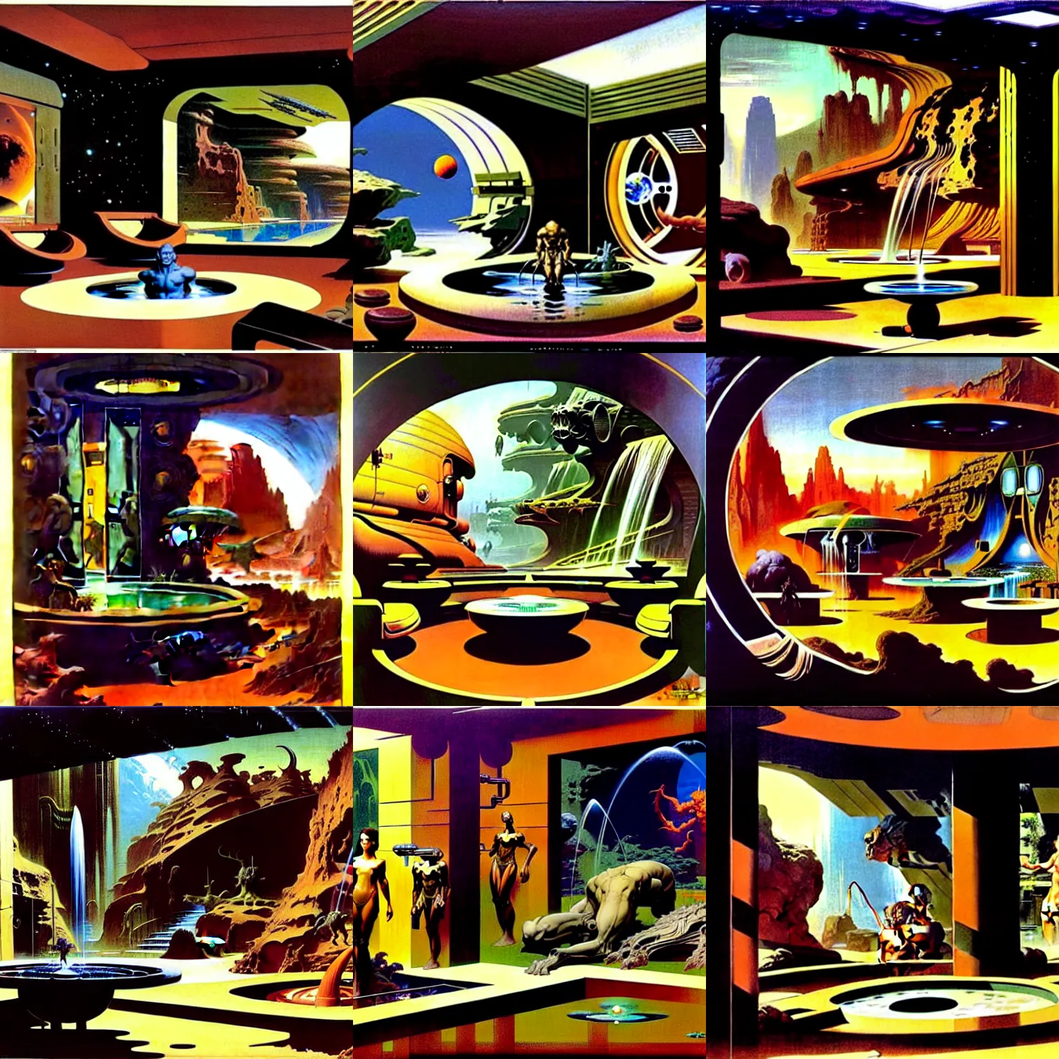 Prompt: interior view asimov mars habitat flora fauna fountain by syd mead, frank frazetta, ken kelly, simon bisley, richard corben, william - adolphe bouguereau