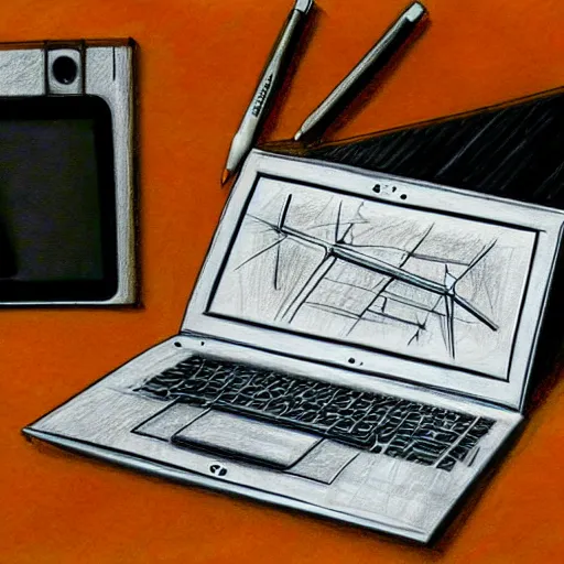 Image similar to pencil sketch of a laptop, di vinci style,