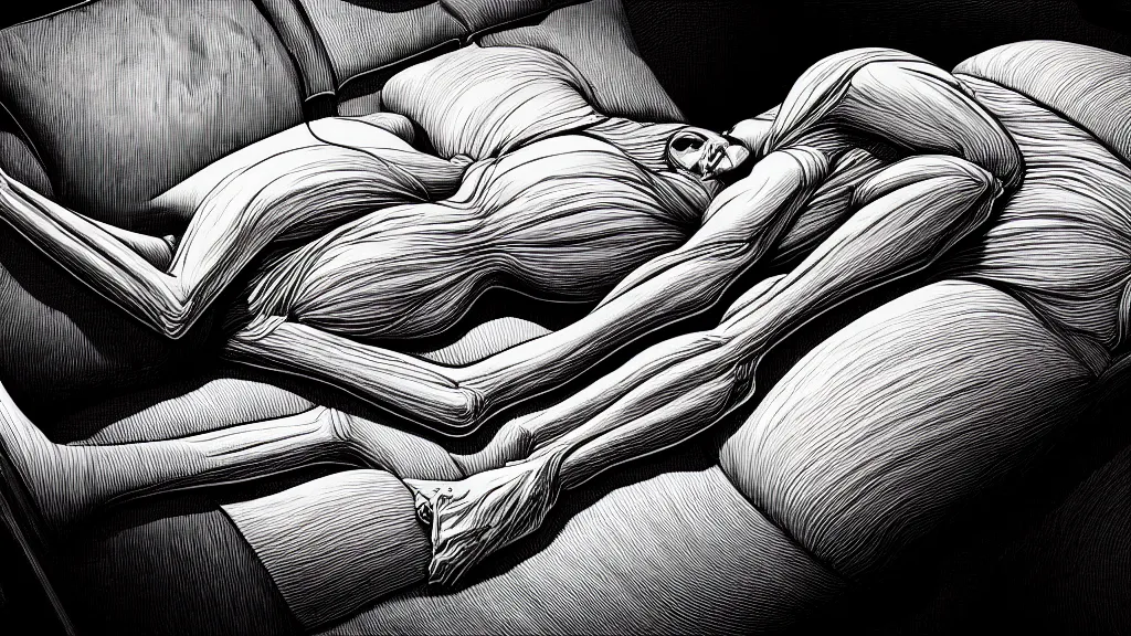 Image similar to comfortable bed that makes me want to sleep, hyperdetailed, artstation, cgsociety, style of Giger, H. R. GIGER, style of Junji Ito, 4K, highly detailed, minimalistic, minimalistic, minimalistic, fine tuned, machina