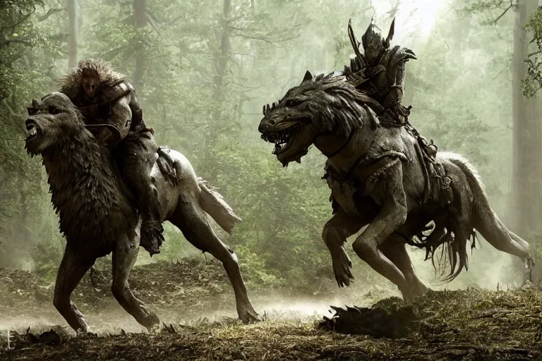 Image similar to vfx movie closeup detailed ancient armored warrior orc hunting riding large wolf in the forest, natural lighting by emmanuel lubezki