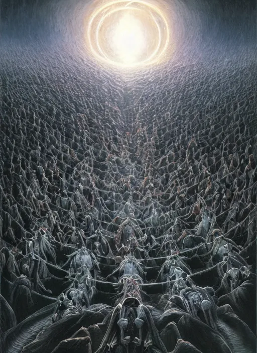 Image similar to a quantum computer surrounded by a dark cabal of multiple hooded elven mystics in long dark robes gathered in a circular formation, dan seagrave art, michael whelan, artstation, cgsociety, epic scifi fantasy art