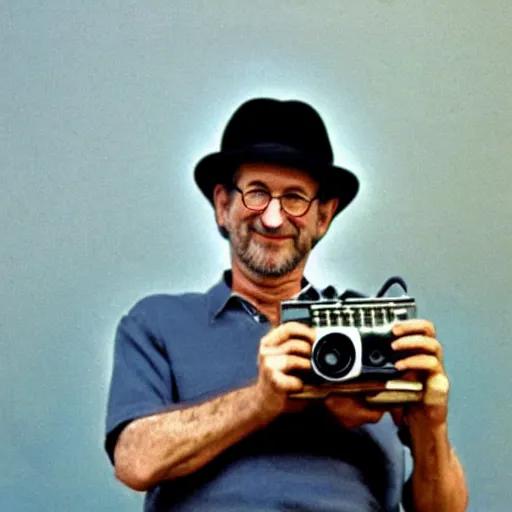 Prompt: surrealism painting of Steven Spielberg holding a super 8 camera