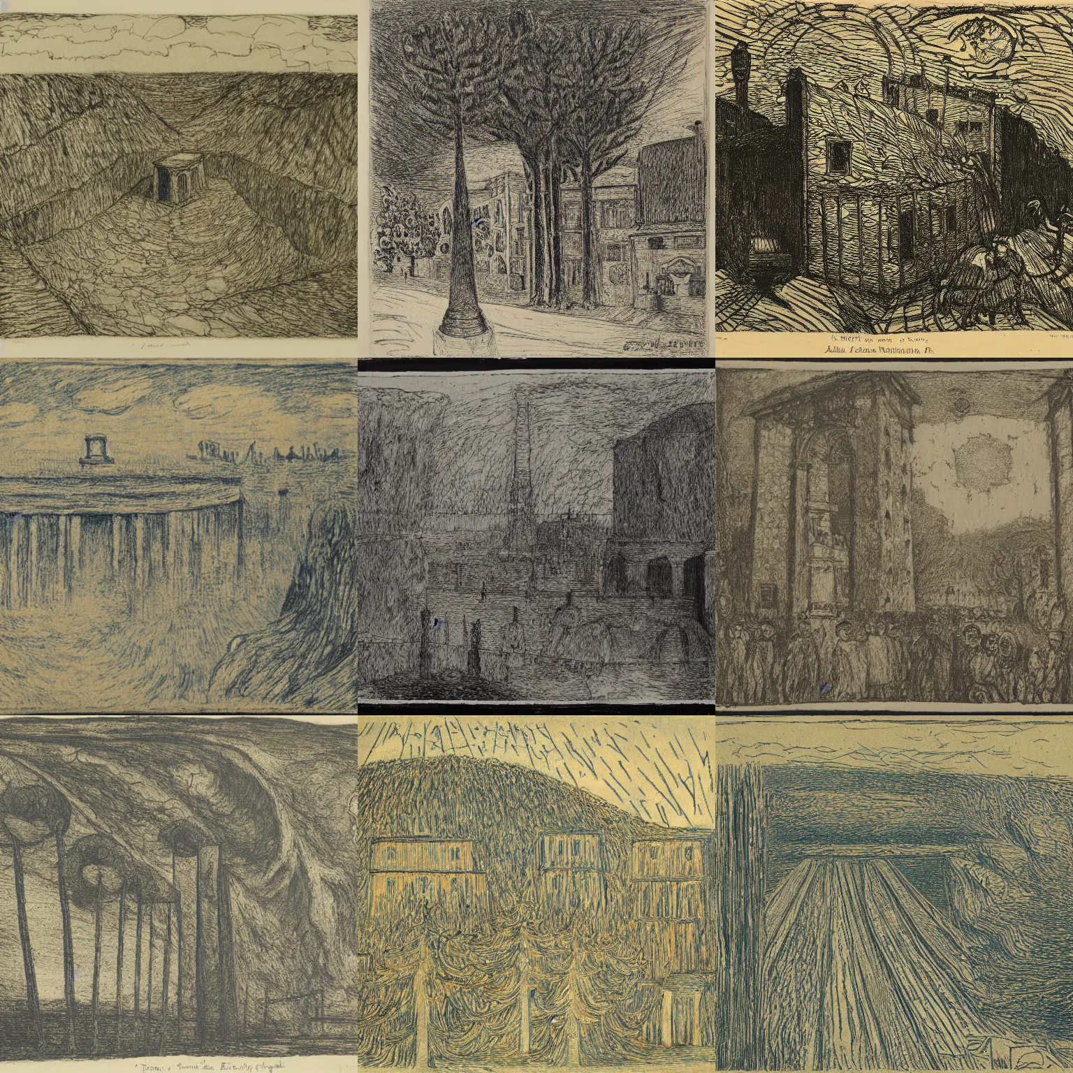 Prompt: etching of the sky being heavy with a tesselated pavement across a national monument, old architectural standard are becoming territorial oaks, artwork by james ensor