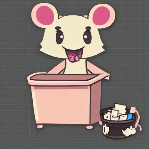 Prompt: a little cute rat with a lot blush is resting in front of a trash bin and smiles in beautiful pixel art