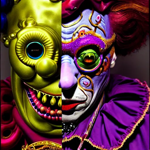 Image similar to uhd photorealisitc authentic lovecraftian psychotic willy wonka wearing ornate clown costume and intricate voodoo makeup, intricate details, vivid colors, frightening surroundings, studio lighting, correct details, in the style of amano, karol bak, akira toriyama, and greg rutkowski