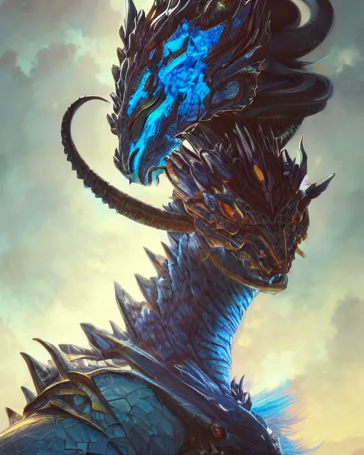 Image similar to Portrait of a Fantasy azure dragon, HD, illustration, epic, D&D, fantasy, intricate, elegant, highly detailed, digital painting, artstation, concept art, smooth, sharp focus, illustration, art by artgerm and greg rutkowski and alphonse mucha, monster hunter illustrations art book