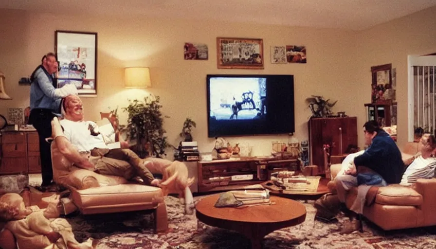 Prompt: 1990s candid 35mm photo of a beautiful day in the living room, cinematic lighting, cinematic look, golden hour, a very large, oversized magical salesman mascot is hanging out of the TV and trying to sell the family a car, salesman mascot is a very large giant, there is an expensive sports car in the living room, portal energy is coming out of the TV, UHD