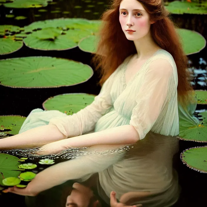 Image similar to Kodak Portra 400, 8K, soft light, volumetric lighting, highly detailed, britt marling style 3/4 ,portrait photo of a beautiful woman how pre-Raphaelites painter, with her face emerging from the water of a pond with water lilies, a beautiful lace dress and hair are intricate with highly detailed realistic beautiful flowers , Realistic, Refined, Highly Detailed, natural outdoor soft pastel lighting colors scheme, outdoor fine art photography, Hyper realistic, photo realistic