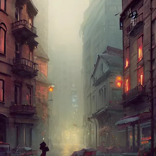 Prompt: movie scene of a downtown, lviv, a very misty day, rainy day, by ian mcque ferdinand knab, makoto shinkai and lois van baarle, artgerm, pixar, ilya kuvshinov,, tom bagshaw, global illumination