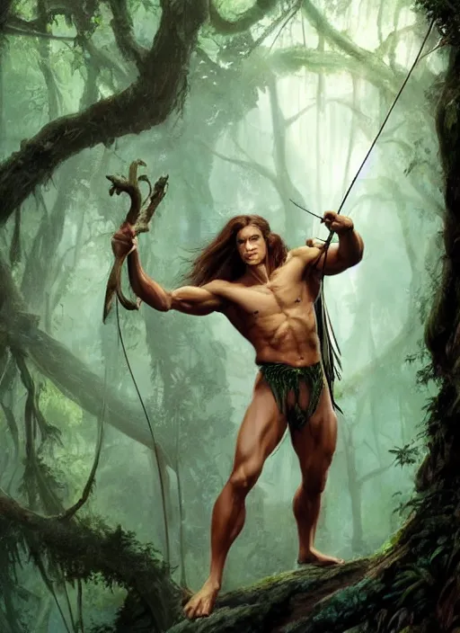 Image similar to A beautiful digital painting of tarzan in the mirkwood forrest holding a bow and arrow looking at the camera by Stanley Artgerm Lau, frank frazetta, Rossdraws, James Jean, gerald brom, Andrei Riabovitchev, Marc Simonetti, and Sakimichan, trending on artstation