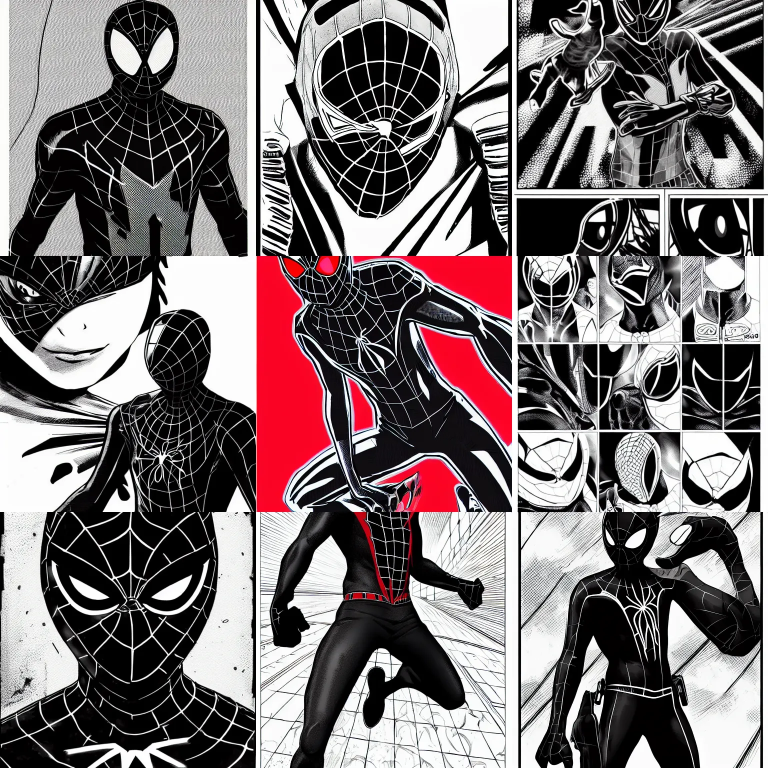 Prompt: masked Miles Morales manga Pinterest in ink manga panel, octane, artstation, highly detailed