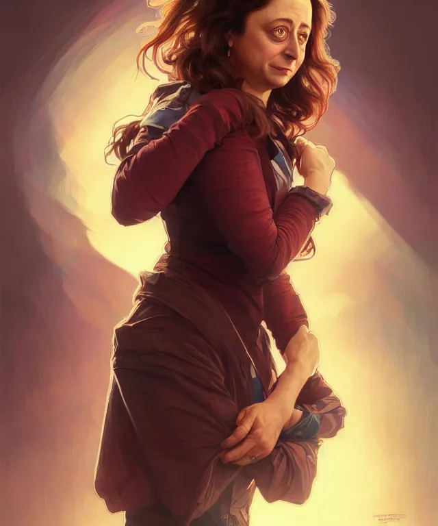 Prompt: portrait of rachel dratch, arms crossed, delivering bad news, intricate, headshot, highly detailed, digital painting, artstation, concept art, sharp focus, cinematic lighting, illustration, art by artgerm and greg rutkowski, alphonse mucha, cgsociety