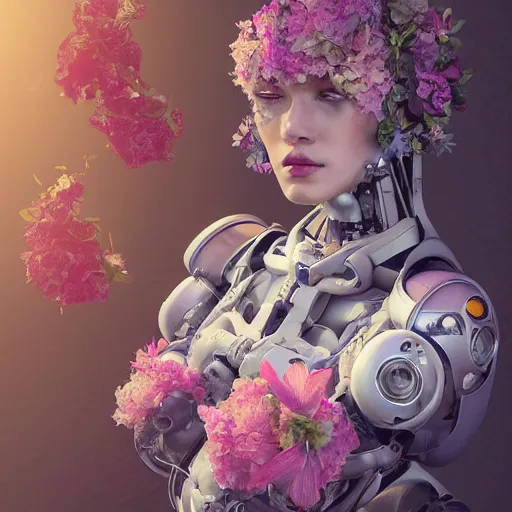 Prompt: a beautiful fine art RPG portrait photo of a resting cyberpunk gigeresque robot, spread out wavy hair covered by by hibiscus, daffodils, hydrangea, montsera leaves, soft studio lighting, 50mm lens, very detailed, bionic, robotic, deep depth of field, artstation, 4K