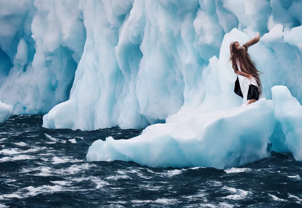 Image similar to fashion editorial on melting iceberg falling in the sea. huge waves. highly detailed. depth of field. high definition. 8k. photography.