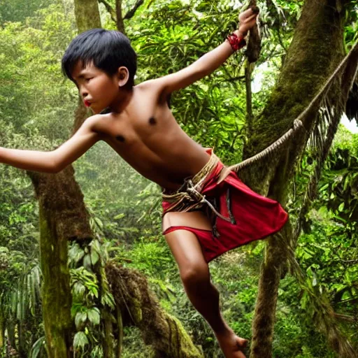 Image similar to A photograph of a young boy swinging from a lian wearing a Loincloth, ragged shirt in a rain forest
